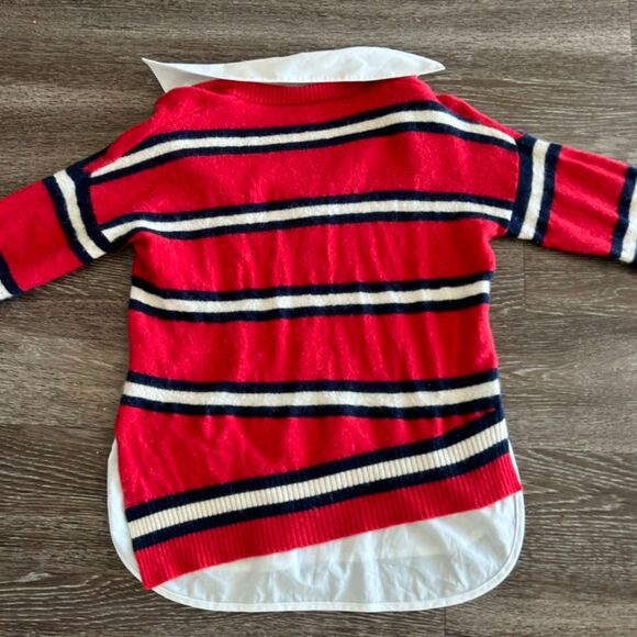 Scripted Red Wool Cashmere Striped Sweater w White Collar Asymmetrical Hem Small - Picture 6 of 9